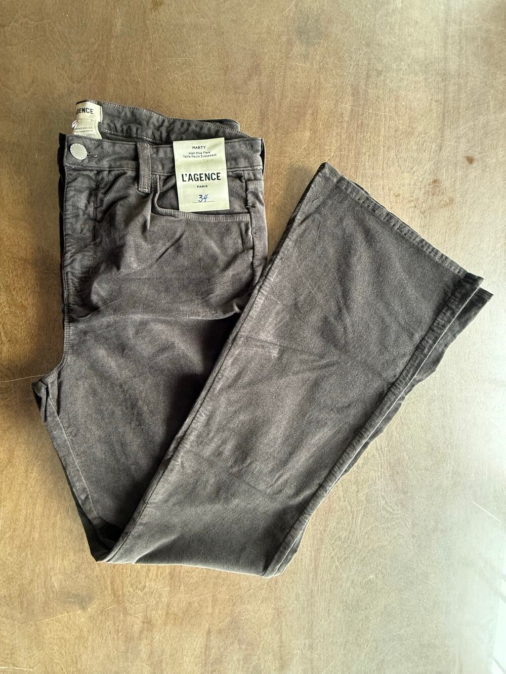 L’AGENCE Marty High Rise Velvet Flare Jeans Greystone Gray Size 34